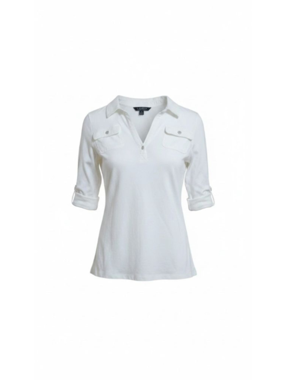 Lauren Ralph Lauren White Roll Cuff Sleeves V-neck Top